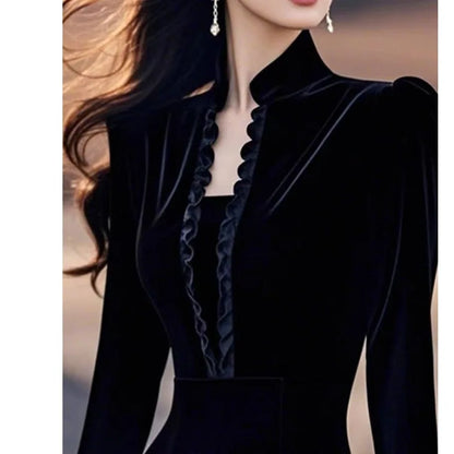 Elegant Black Velvet Dress Formal Occasion Heir to a Rich Family Luxury Feel Hepburn Style Stand Collar Long Sleeve Midi...