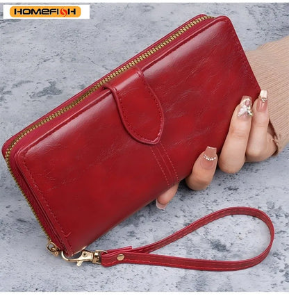 HOMEFISH Vintage Oil Wax PU Leather Clutch Wallet Large Capacity Phone Purse Ladies Wristband Simple Card Holder Pouch Bag