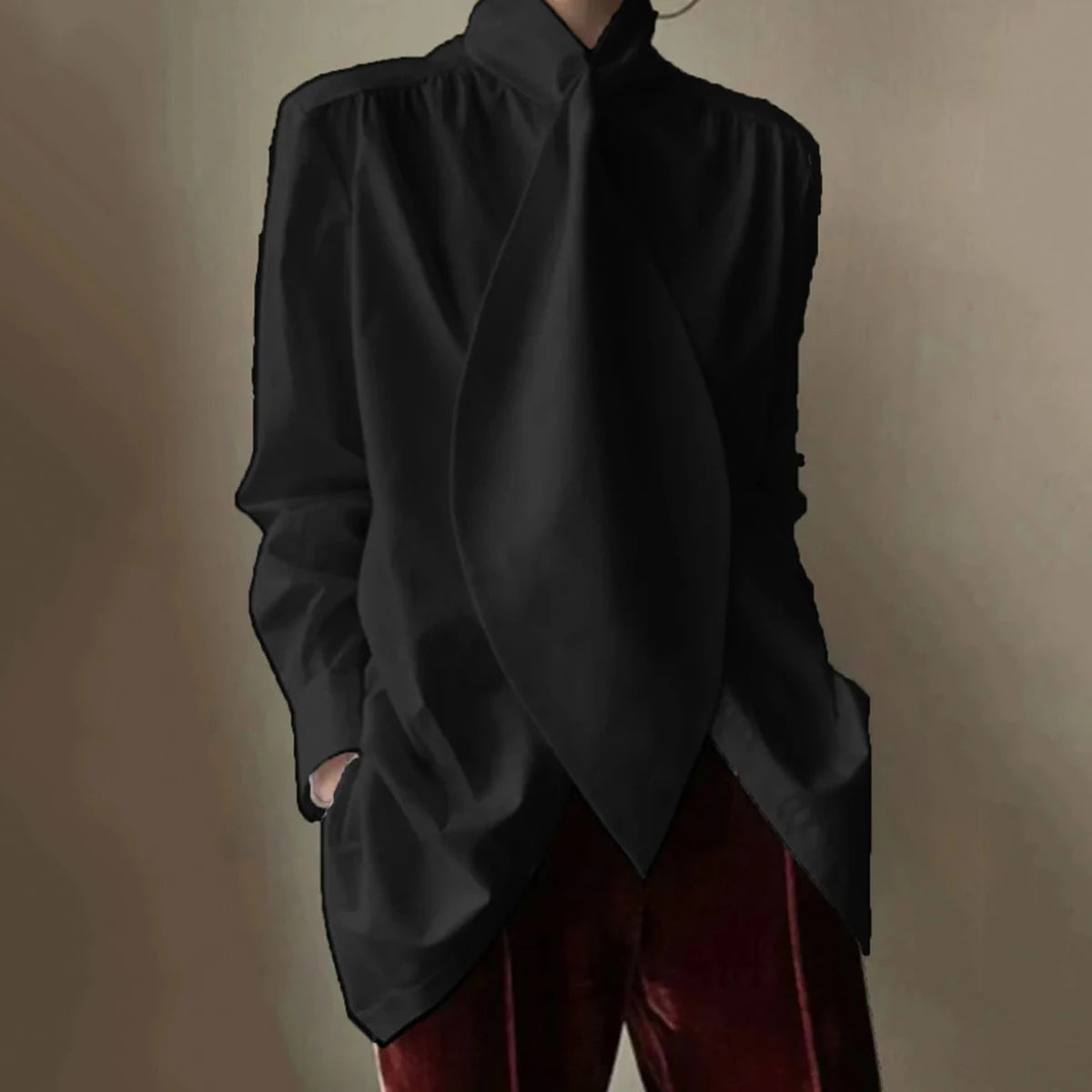 Freeacy Stylish Black White Solid Color Long Sleeves High Neck Blouses Loose Fit Office Shirt Tops For Urban Women 2023 New