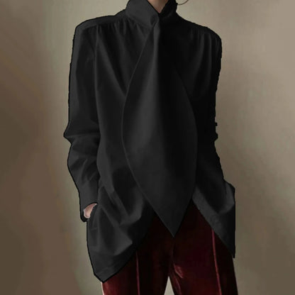 Freeacy Stylish Black White Solid Color Long Sleeves High Neck Blouses Loose Fit Office Shirt Tops For Urban Women 2023 New