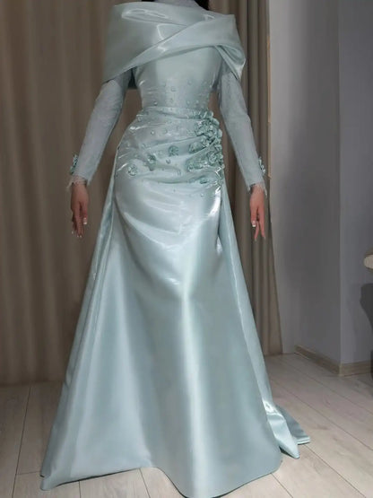 Elegant Layered Satin Lace Evening Dress High Neck Long Sleeve Floral Bead Decoration Bodycon Mermaid Sweep Train  Maxi Gown