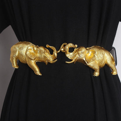 Fashion Real Leather Belts for Women Luxury Designer Female Waist Elastic Corset Belt Gold Heavy Elephant Metal Buckle