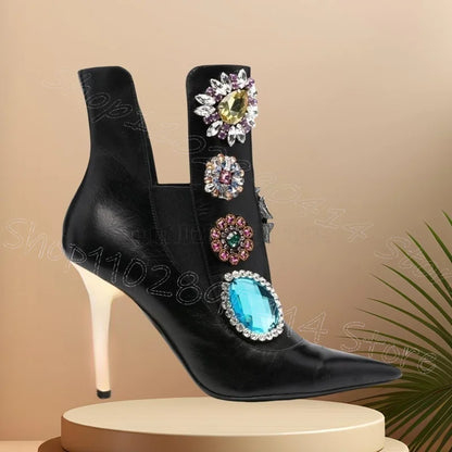 Crystal Flower Black Pointed Toe Runway Boots Slip On Women Shoes Thin High Heels Party Banquet Dating 2025 Zapatos Para...
