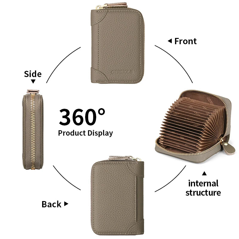 GERUOLA Top-Grain Cowhide RFID-Protected Card Holder Zipper Credit Card Organizer with Multiple Slots ID And Coin Pouch