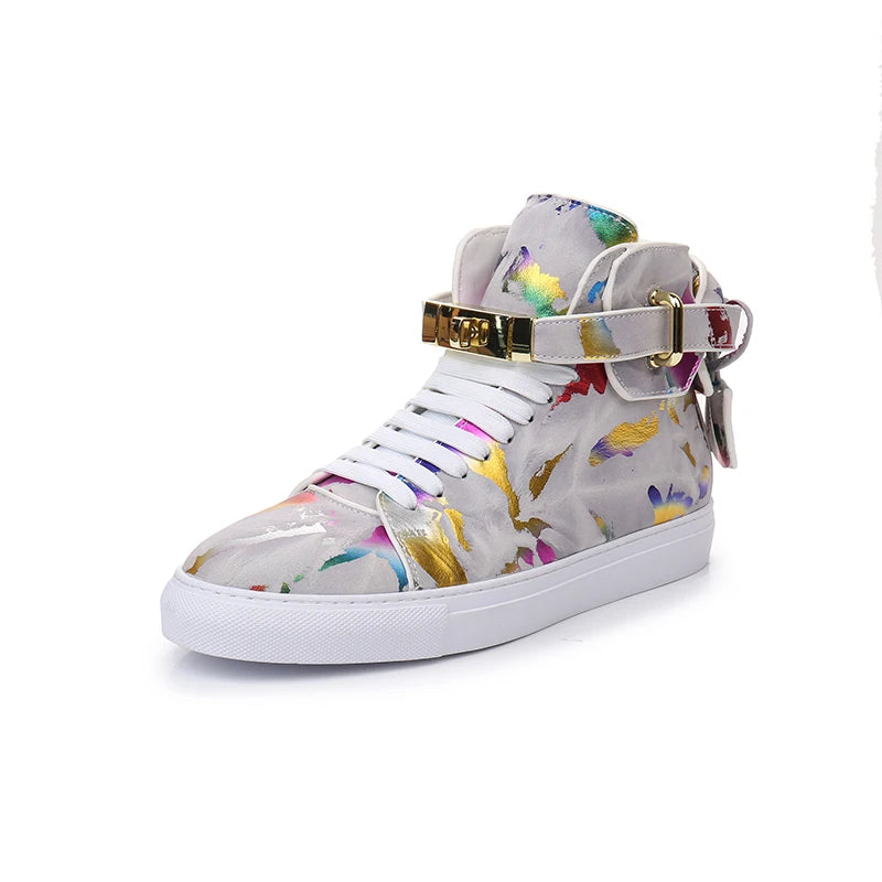 Luxury Designer Men Crocodile Pattern High Top Sneakers Glossy Patent Leather Gold Buckle Lace-up Casual Street Shoes Footwear