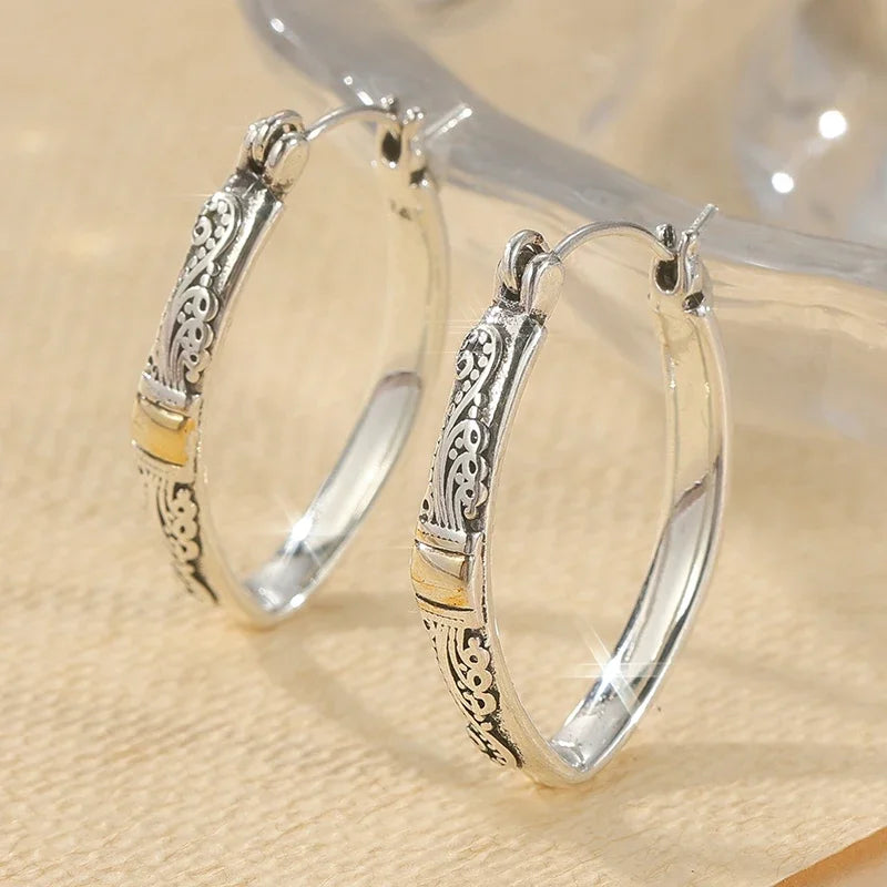 Ethnic Silver Color Carving Pattern Hoop Earrings Bohemian Style Vintage Earrings For Woman Vintage Jewelry Accessory