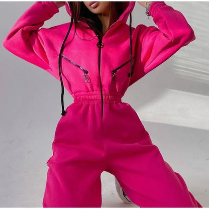 Long Sleeve Sports Casual Women's Hooded Overall Pants Jumpsuits Solid Color Jumpsuit Women One-Piece Suit - Kimlud