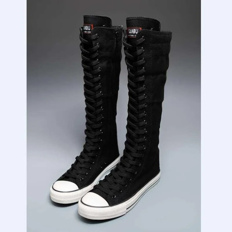 2025 New High Top Canvas Shoes for Women's Korean Edition Long Boot Lace-Up Zipper Comfortable Boot Zapatos De Mujer Tendencia