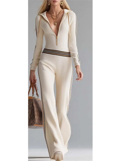 Contrast Color Stitching Pit Strip Knitted Jumpsuit New Women's Spring Autumn Long-sleeved Zippered Long-sleeved Hooded Jumpsuit - Kimlud