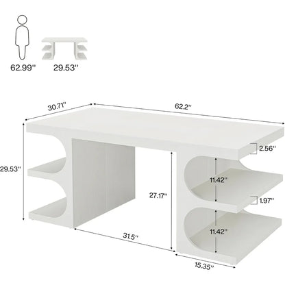Office Desk, 63" Computer Desk with Storage Shelves, Modern Wood Study Writing Table, Large Workstation Business Furniture - Kimlud