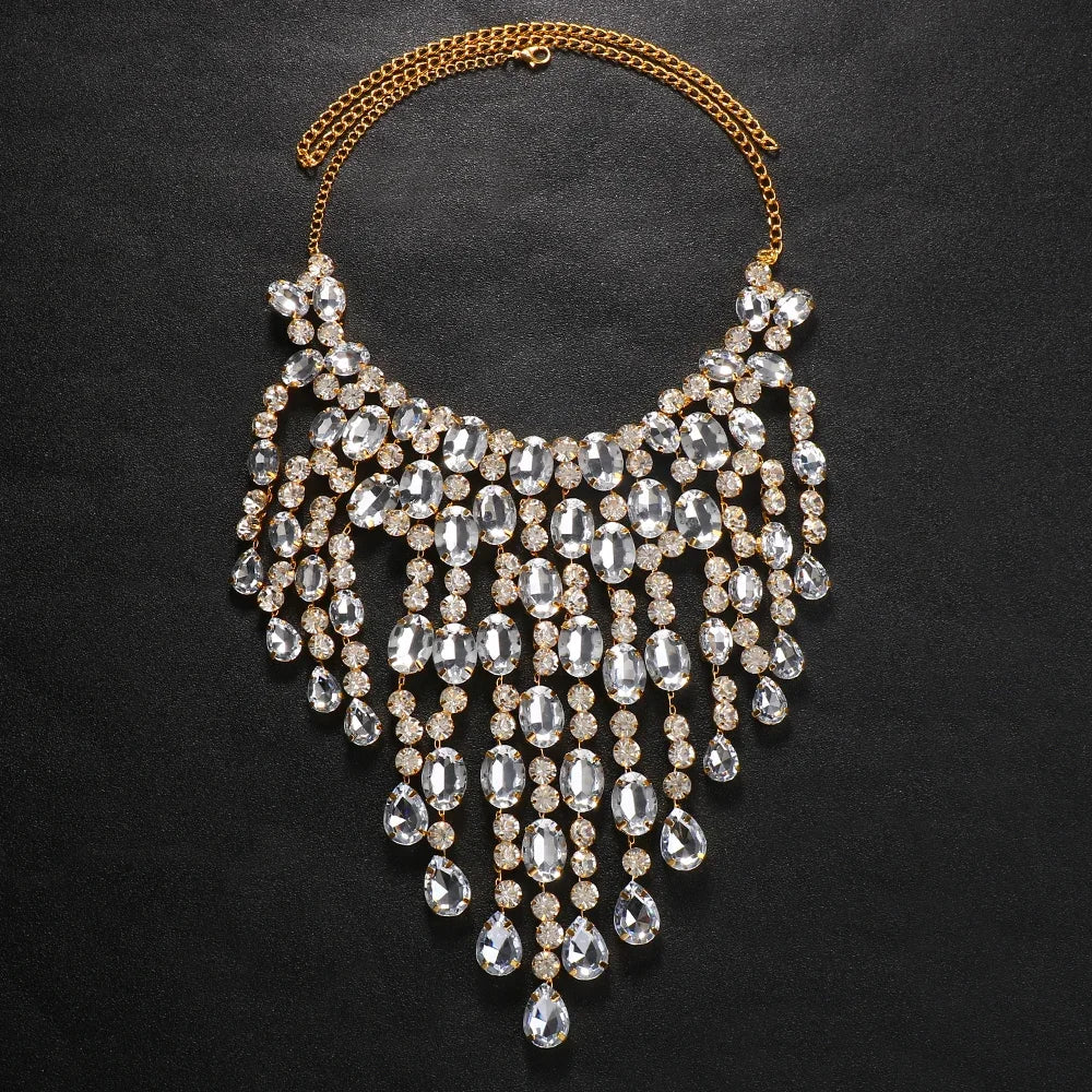 Exaggerated Big Necklace Crystal Women Luxury Statement Jewelry Rhinestone Fringe Tassel Choker Necklace Large Masquerade Gift