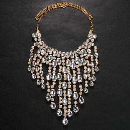 Exaggerated Big Necklace Crystal Women Luxury Statement Jewelry Rhinestone Fringe Tassel Choker Necklace Large Masquerade Gift