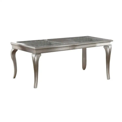 7pc Rect. Glass Dining Table Set w/ Silver Hue & 6 Tufted Side Chairs for Dining Room - Kimlud