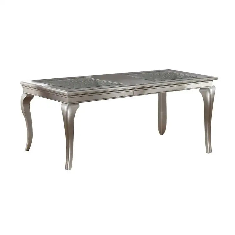 7pc Rect. Glass Dining Table Set w/ Silver Hue & 6 Tufted Side Chairs for Dining Room - Kimlud