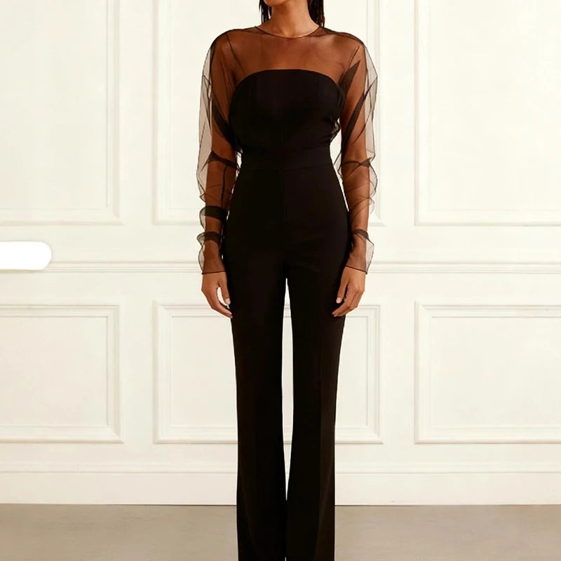 O Neck Long Sleeve Chic Fashion Jumpsuits, Women Spring Summer Flare Pants Elegant Bodysuits, New Solid Mesh Patchwork...