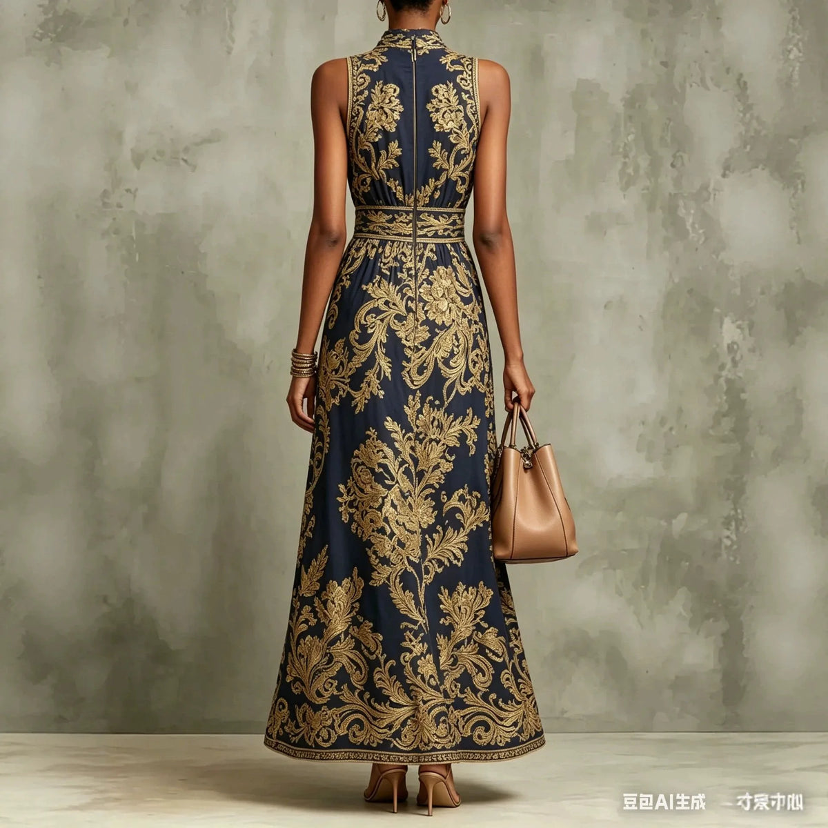 Baroque Print Halter Neck Maxi Dress Sleeveless High Waist A-Line Formal Evening Gown Elegant Vintage Party Dress for Women