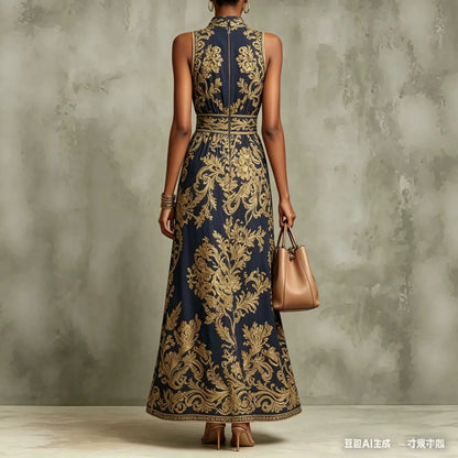 Baroque Print Halter Neck Maxi Dress Sleeveless High Waist A-Line Formal Evening Gown Elegant Vintage Party Dress for Women