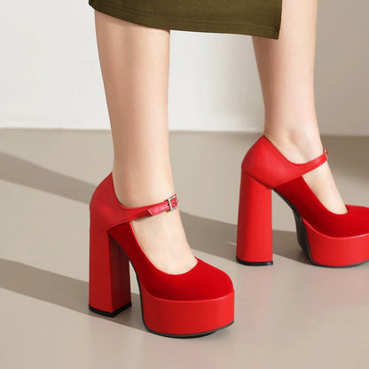 2024 Matte Flock Splice PU Shallow Mouth Hollow Breathable Waterproof Platform Ultra High Thick Heel Ankle Buckle Women's Pumps