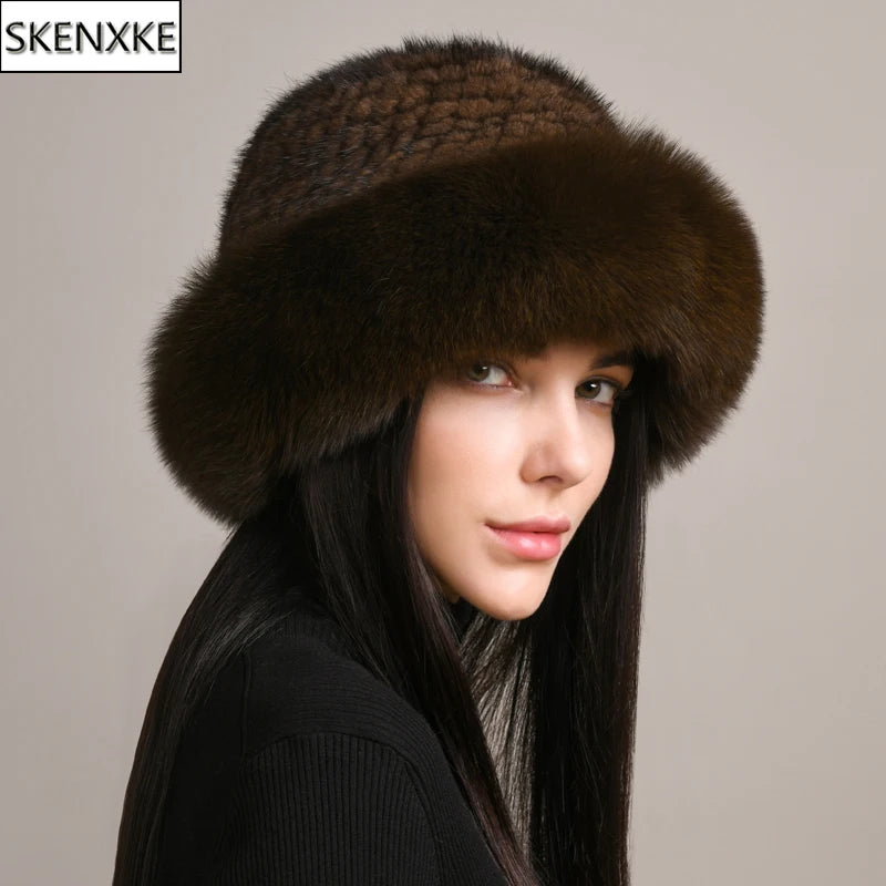 New Genuine Real Natural Knitted Mink Fur Hat Luxury Women Handmade Knit Fashion Winter Headwear Warm Real Fox Fur Beanies Caps