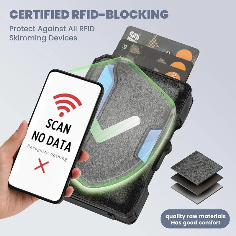 Minimalist Mens Wallet with Money Clip, Aluminum Pop Up Card Case and Leather Slots Credit Card Holder RFID Blocking Wallet