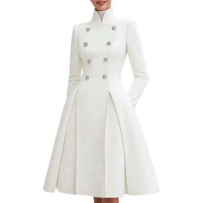 2026 New Women's Elegant White Evening Coat Dress High Neck Double Breasted Long Sleeves Urban Formal Office A-line...