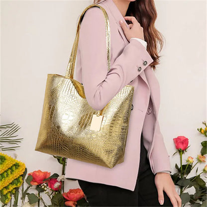 Vintage Women's Tote Bag, Large Capacity Handbag Shoulder Bag with Zipper Closure, Metallic Finish Handbags for Work, Parties