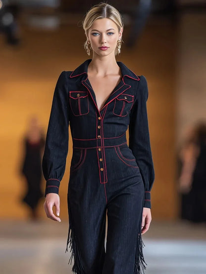 Vintage Fringed Denim Jumpsuit Button Front Deep V-Neck Slim Fit Flare Leg One-Piece for Party & Streetwear Western...