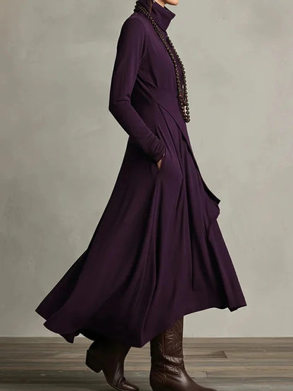 Spring Autumn Long Sleeve Solid Party Dress, Women Holiday Turtleneck Simple Irregular Dress, New Fashion Patchwork Ladies Dress