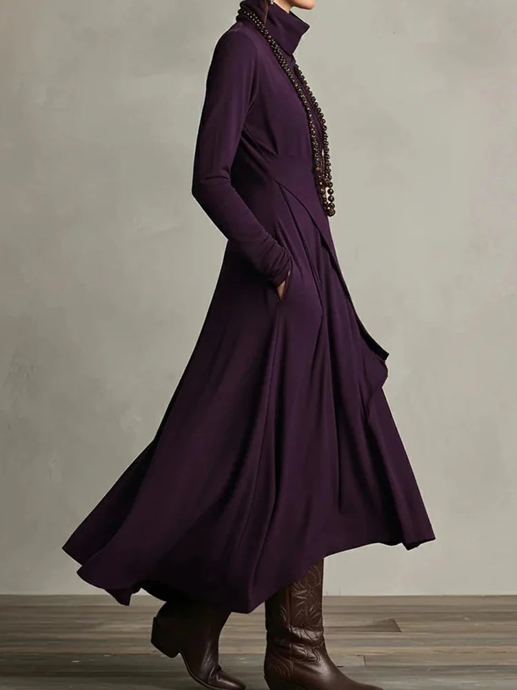 Spring Autumn Long Sleeve Solid Party Dress, Women Holiday Turtleneck Simple Irregular Dress, New Fashion Patchwork Ladies Dress