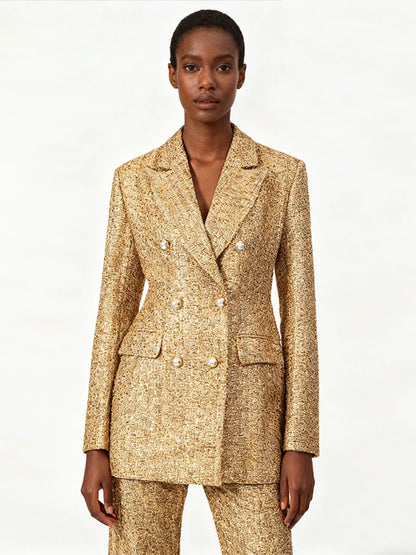 TWOTWINSTYLE Gold Slimming Spliced Double Breasted Fashion Blazers for Women Lapel Long Sleeves Tunic Temperament Blazer Female - Kimlud