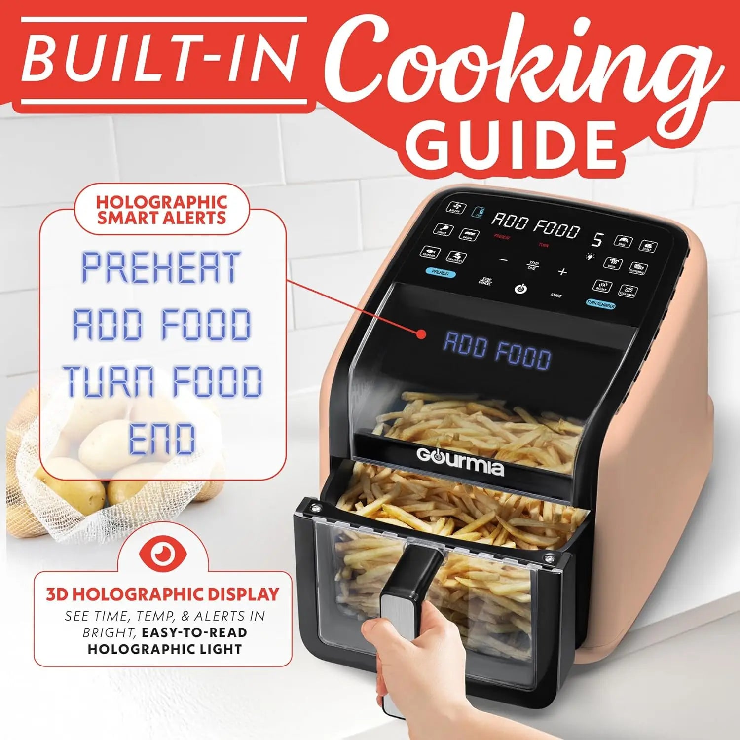 7 QT Air Fryer with Panoramic Window, Interior Light, 12 Presets & Dishwasher Safe Accessories in Peach