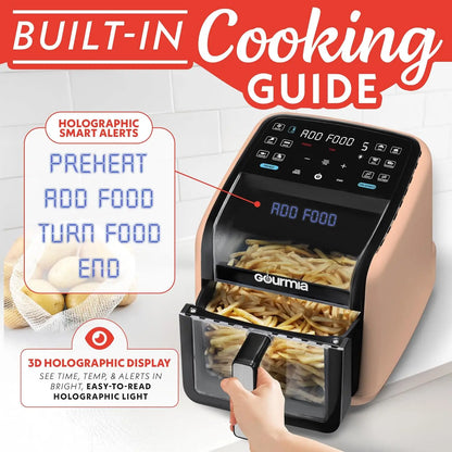 7 QT Air Fryer with Panoramic Window, Interior Light, 12 Presets & Dishwasher Safe Accessories in Peach