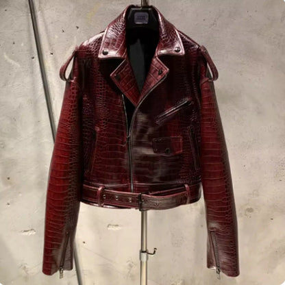 Crocdile Leather Bomber Ladies Real Sheepskin Coat Genuine Sheep Leather Biker Jacket 20325
