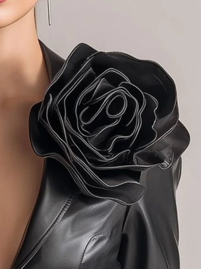 Women PU Leather Jacket 3D Flower Fashion Long Sleeve Lapel Collar Zipper Cropped Coats Autumn Winter Slim Fit Streetwear Blazer