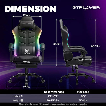 GTPLAYER RGB Gaming Chair with Footrest, Computer Gaming Chair with LED Lights for Adults, Height Adjustable PC Gamer Chair
