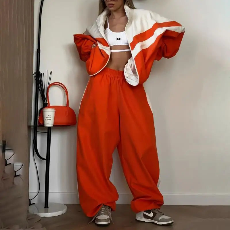 European American Women Outfit Fashion Streetwear Sporty Patchwork Trench Coat Set Two-Piece Sets Spring Autumn Loose...