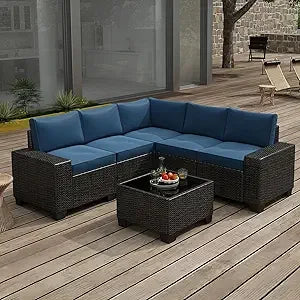 6 Pieces Patio Furniture Set, Outdoor Sectional Set of 6 w/Wide Armrest, Waterproof Wicker Conversation Set for...