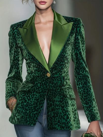 Green Leopard Velvet Women Suit Jacket Peak Lapel One Button Long Sleeve Formal Office Lady Blazer Retro Cotton Coat Customized