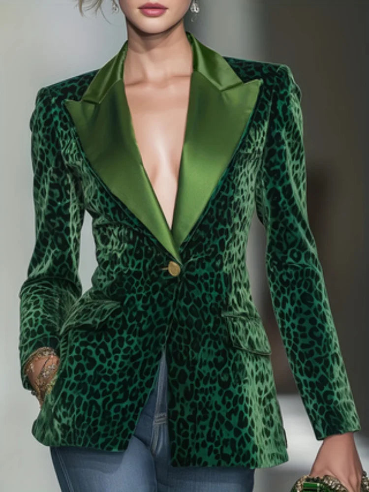 Green Leopard Velvet Women Suit Jacket Peak Lapel One Button Long Sleeve Formal Office Lady Blazer Retro Cotton Coat Customized
