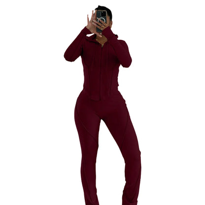 Splicing Lines Ribbed 2 Piece Set Women Tracksuits Long Sleeve Zipper Hooded Jackets Tops + Slit Flare Pants Slim Casual Suits