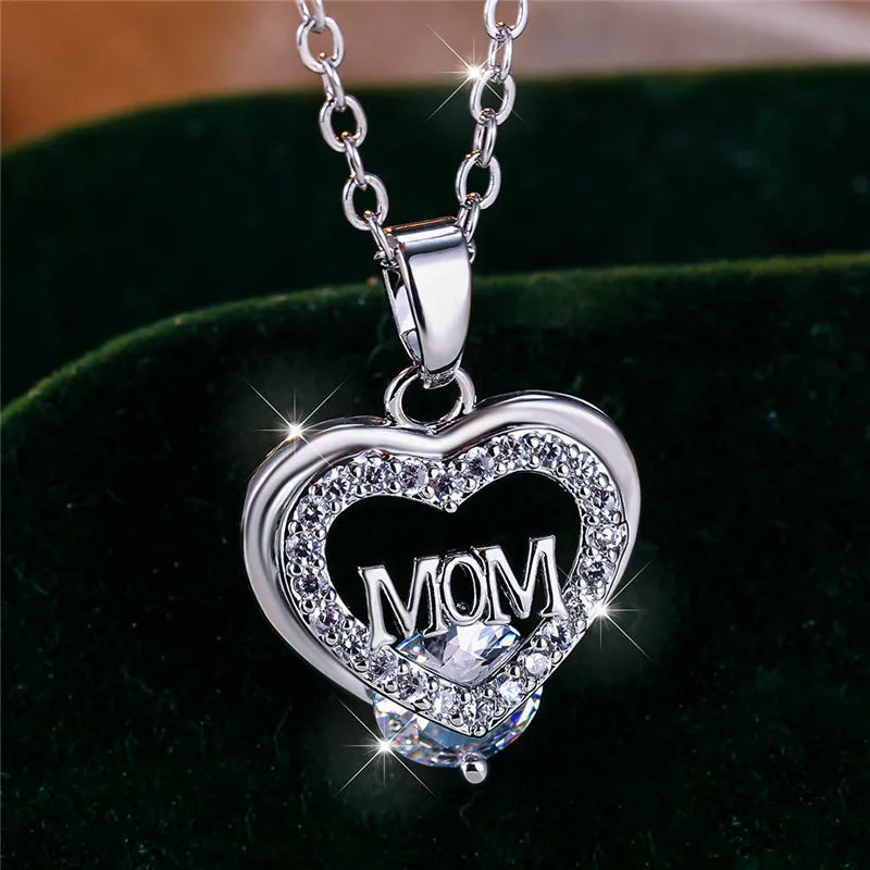 Crystal Luxury White Zircon Stone Heart Mom Letter Pendant Necklace Vintage Wedding Jewelry For Women Mother's Day Gift...