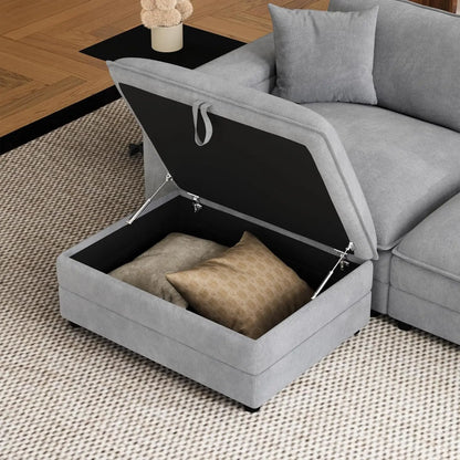 U-Shaped Sectional Sofa Ottoman Storage Armrest USB Ports Spring Cushion Solid Wood Chenille Living Room 115", Customized - Kimlud