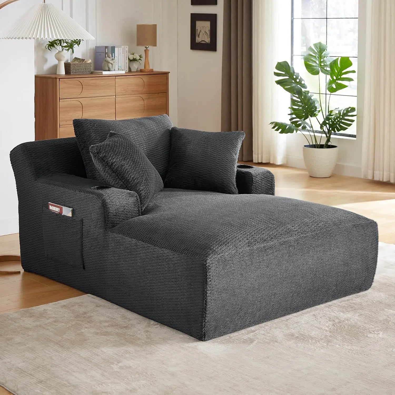 67" Oversize Chaise Lounge Deep Seat 2 Cup Holders Storage Pockets Living Room Bedroom Office Brown Customized - Kimlud