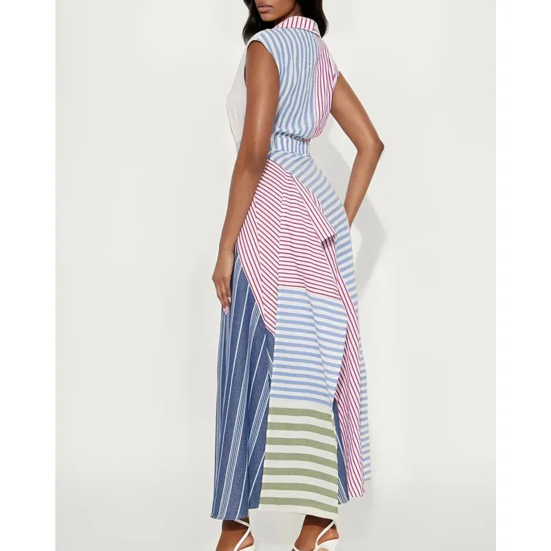 Personality Contrast Color Stitching Striped Dress Women's Summer Fashion Irregular Waist V-neck Sleeveless Commuting Dresses - Kimlud