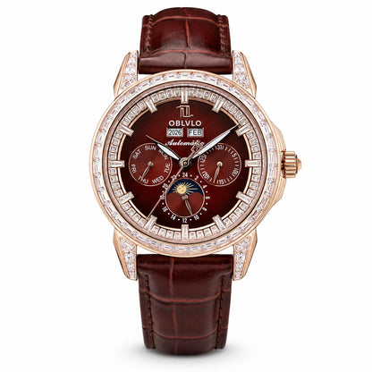 OBLVLO Men's Classic Watch with Colorful Diamonds Bezel Red Dial Mechanical Automatic Moonphase Multifunction Leather Strap GCM-MUT