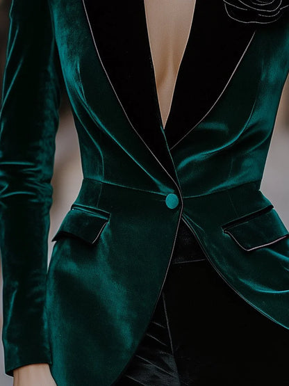 Luxury Green Velvet Blazer for Women Single Breasted 3D Rose Flower Female Blazer Jacket Slim Fit Office Lady Outerwear...