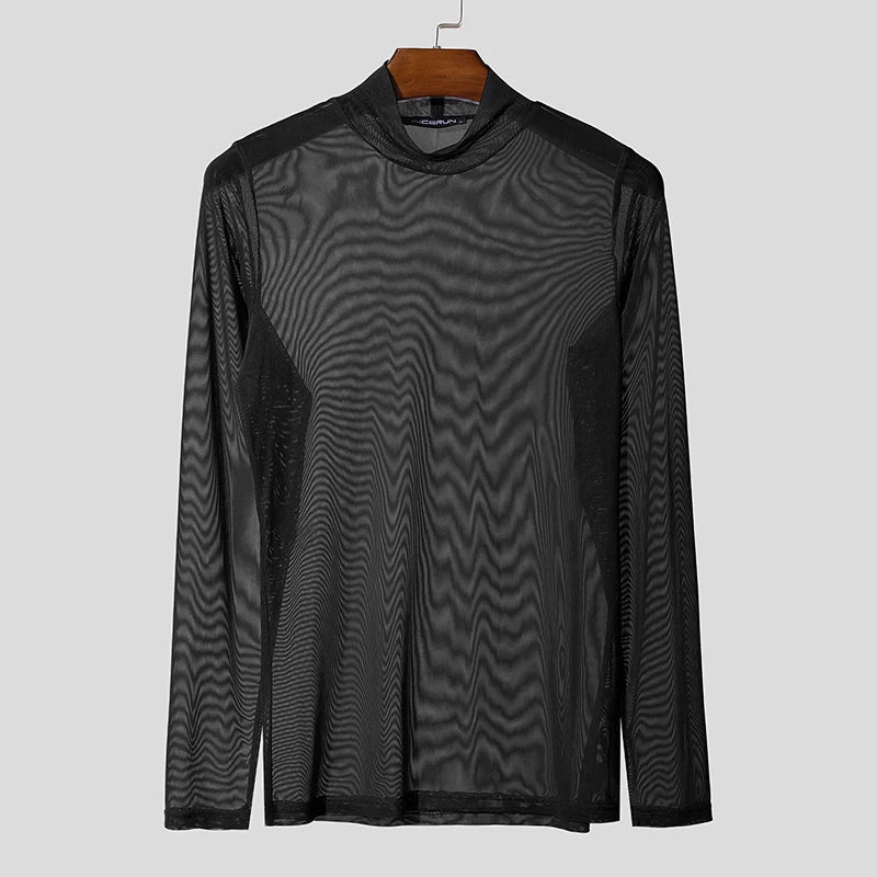 INCERUN Men T Shirt Mesh Long Sleeve See Through Turtleneck Male Tee Tops Sexy Streetwear Fashion Casual Men Clothing Solid - Kimlud
