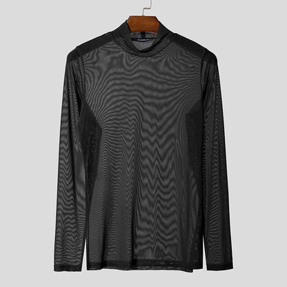 INCERUN Men T Shirt Mesh Long Sleeve See Through Turtleneck Male Tee Tops Sexy Streetwear Fashion Casual Men Clothing Solid - Kimlud