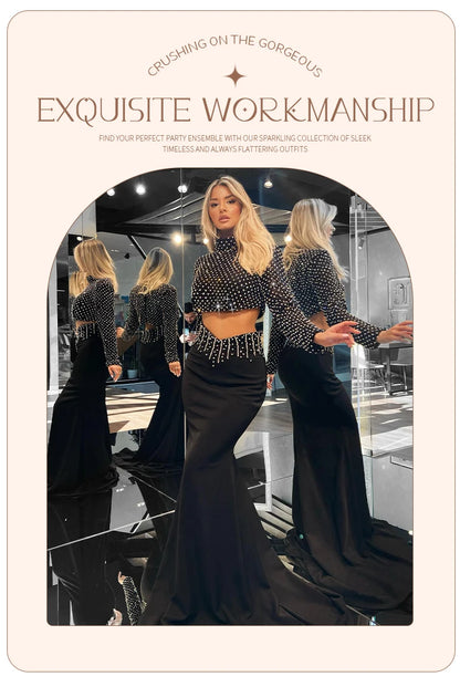 VC Glam Black Long Sleeves Beaded Crop Top & Mermaid Skirt Two Pieces Dress Set for Evening Glamour Gown