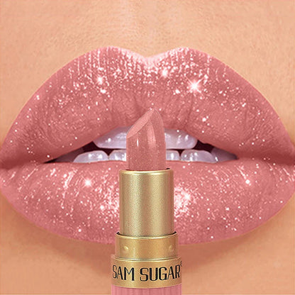 Diamond Pink Lipstick Chocolate Brown Metallic Glitter Lipstick Long-Lasting Waterproof Shimmer Pearl Sparkling Lip Gloss Makeup - Kimlud
